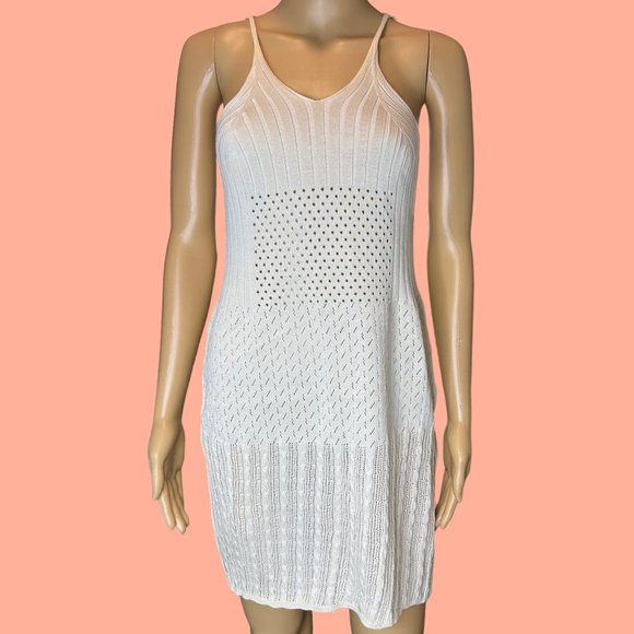 Womens Ribbed Beach Slip Dress Large L Ivory Crochet Stretch Knee Length Eyelet - Picture 2 of 11